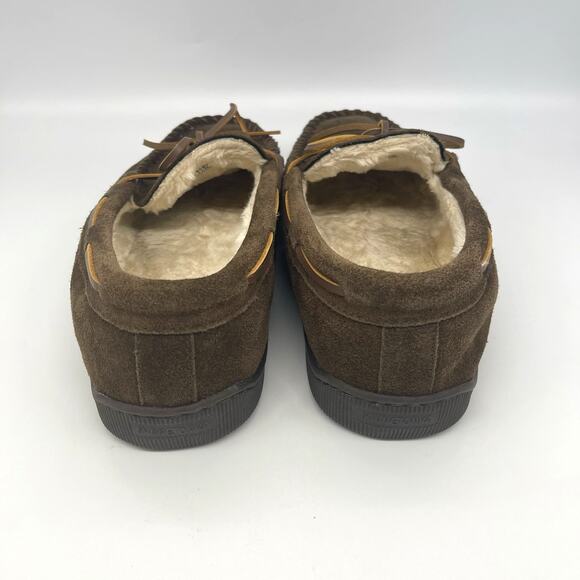 Minnetonka Men\'s Brown Suede Moccasins Pile Lined Indoor Outdoor Slippers Sz 11